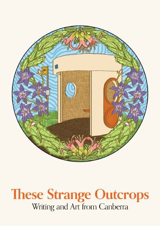 Book cover of These Strange Outcrops featuring a stylised drawing of a bus stop and flowers